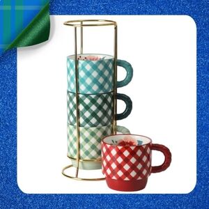 🎁 New Pioneer Woman Merry Meadow Gingham 5-Piece Stacking Mugs with Rack